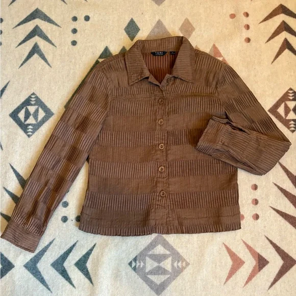 Toni Morgan Medium Chocolate Brown Jacket Button Down Pleated Collared Patterned - Picture 4 of 16